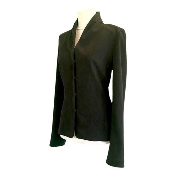 Elie Tahari Pleated Shawl Collar Snap Closure Onyx Black Crepe Knit Blazer Sz 6 - Picture 2 of 6